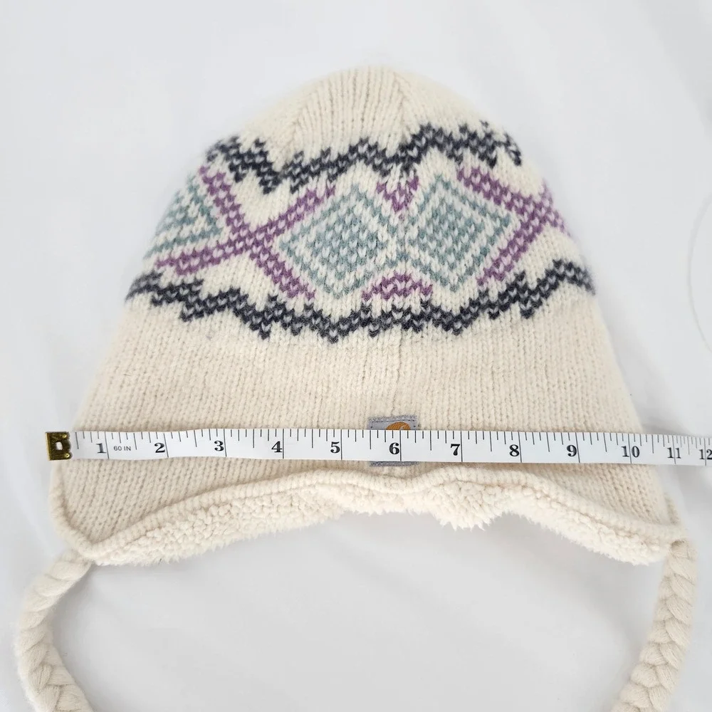 Carhartt Womens Picket Sherpa Lined Knit Earflap Hat Cream Fair Isle Lambswool